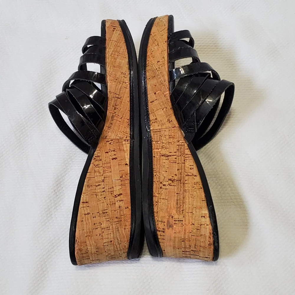 Donald J. Pliner Black Patent Leather Cork Wedge Sandals